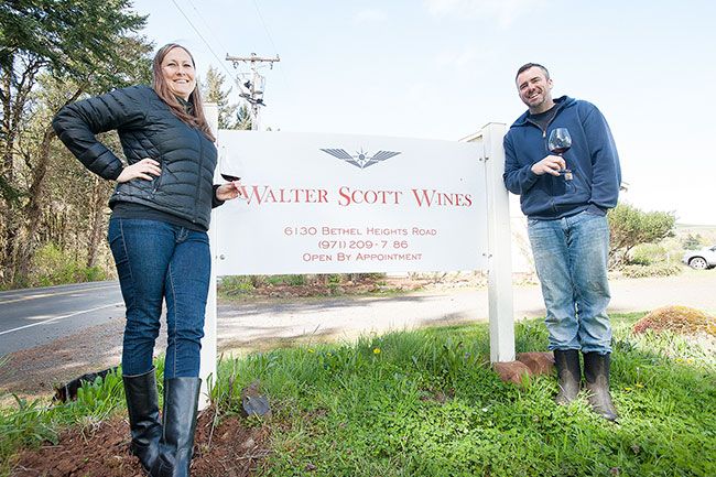 Marcus Larson/News-RegisterWalter Scott Wines co-owners Erica Landon and Ken Pahlow stand at the entrance to their new winery facility in the Eola Hills. Marcus Larson/News-RegisterWalter Scott Wines co-owners Erica Landon and Ken Pahlow stand at the entrance to their new winery facility in the Eola Hills.